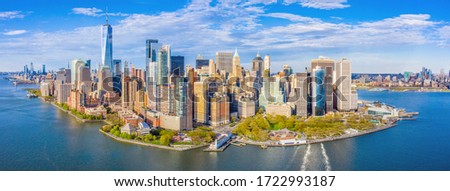 View of the Lower Manhattan Skyline where the Hudson River meets New York Harbor near Liberty State Park in New Jersey