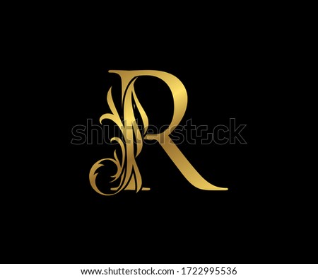 Classy Elegant Gold R Letter Floral logo. Vintage Swirl drawn emblem for book design, weeding card, brand name, business card, Restaurant, Boutique, Hotel. 