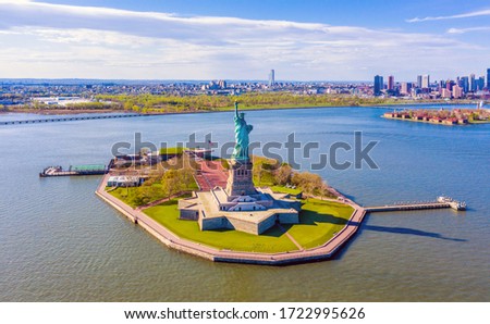 Aerial View of the Statue of Liberty from New York Harbor near Liberty State Park in New Jersey