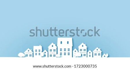 Paper cut houses on blue background, city landscape, village. vector illustartion