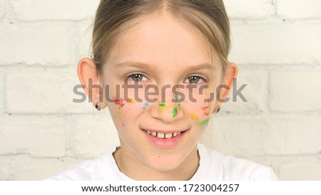 Kid Playing Painted Hands, Child Looking in Camera, Smiling School Girl Face, Homeschooling Project, Children Education