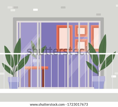 window with balcony from outside with view into the gray house design, home and architecture theme vector illustration