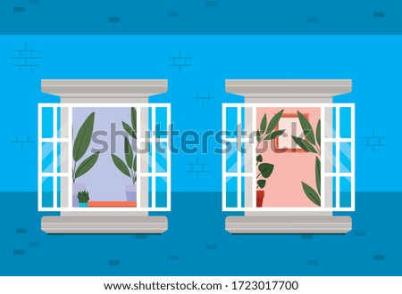 windows from outside with view into the blue house design, home and architecture theme vector illustration