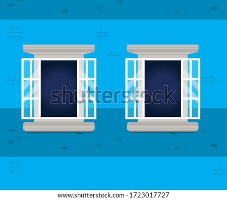 Windows outside blue house design, home and architecture theme vector illustration