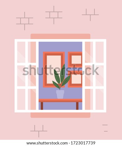 window from outside with view into the pink house design, home and architecture theme vector illustration