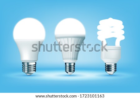 Glowing CFL and LED light bulbs on blue background, realistic style. Idea, creativity and innovation concept. Responsible energy use and ecology. Shining lamps vector illustration. Royalty-Free Stock Photo #1723101163