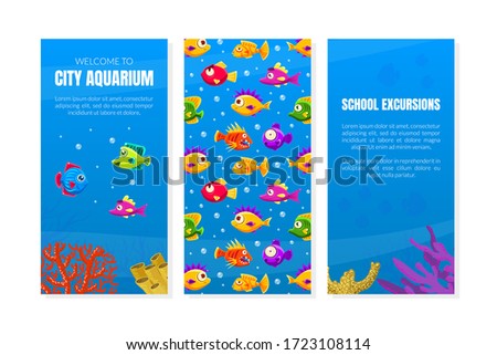 Welcome to City Aquarium Card Template, School Excursions Flyer, Invitation Card with Cute Colorful Tropical Fishes Vector Illustration