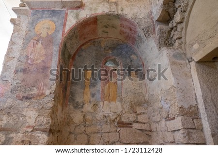 Colorful frescoes in the Church of St. Nicholas the Wonderworker. Ancient Byzantine Greek Church of Saint Nicholas located in the modern town of Demre, Antalya Province, Turkey