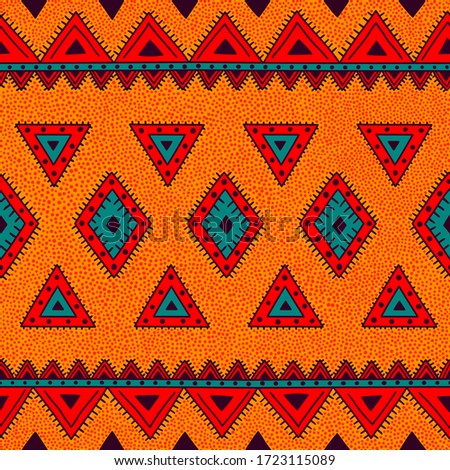 Seamless african pattern. Ethnic and tribal motifs. Ornament in the style of polka dot. Red, orange, violet and blue colors. Hand-drawn textile print. Vector illustration.