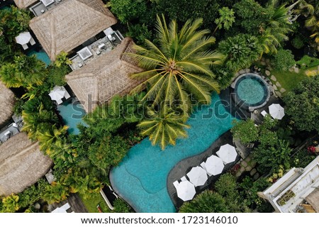 Aerial view of luxury hotel with straw roof villas and swimming pools in tropical jungle and palm trees. Luxurious villa, pavilion in forest, Ubud, Bali Royalty-Free Stock Photo #1723146010