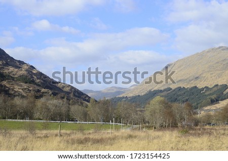 A landscape of hills covered in the grass and trees under a cloudy sky at daytime in Scotland