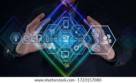 Business holding Abstract line with network wireless systems and innovative technology connection concept. Royalty-Free Stock Photo #1723157080