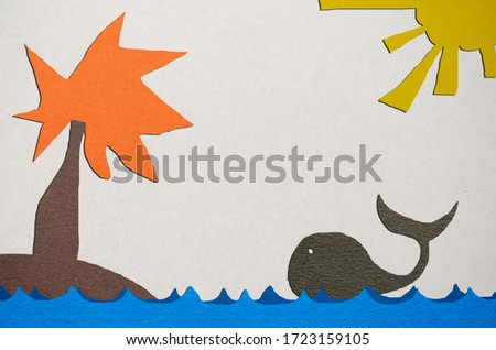 whale in the sea, sun palm tree