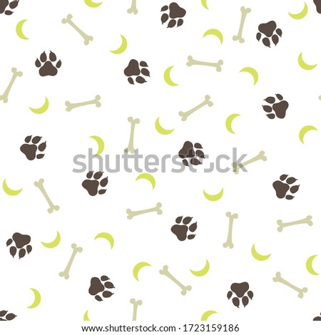 Dogs paws traces and stones and moons. Vector illustration. Brown stamps on white background. Seamless pattern. For logo, wallpaper, fabric, packing, wrapper, scrapbooking, digital paper