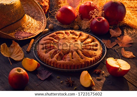 Rustic homemade apple pie on a wooden table in the sunshine in the morning. Harvest day at the farm. Farmer hat, fallen leaves and apples on the table. Rustic style. Royalty-Free Stock Photo #1723175602