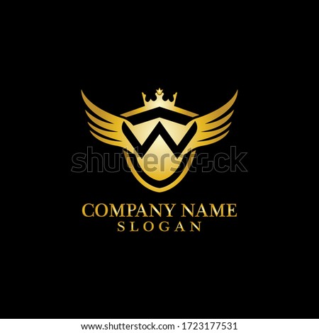 Letter W Shield, Wing and Crown gold in elegant style with black background for Business Logo Template Design, Emblem, Design concept, Creative Symbol, Icon