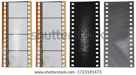 cool 35mm filmstrip building set or kit for your content, vintage film snip with empty frames isolated on white background with reflection light and scratch texture layer. 