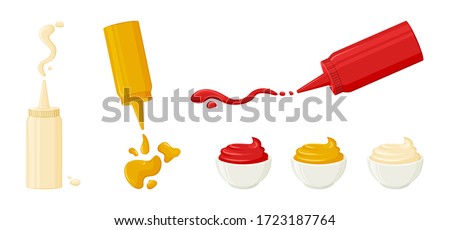 Mayonnaise, mustard, tomato ketchup. Sauces in bottles and bowls. Various hot spice sauces spilled strips, drops and spots. Vector illustration Royalty-Free Stock Photo #1723187764
