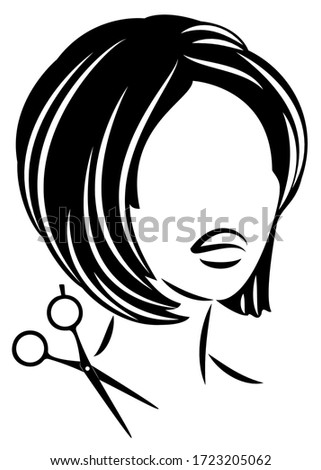 Silhouette of a cute lady. The girl shows a hairstyle on medium and short hair and scissors. Suitable for logo, hairdresser advertising. Vector illustration.