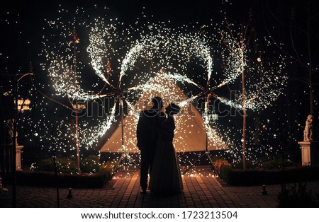 lovers at a wedding watching fireworks together