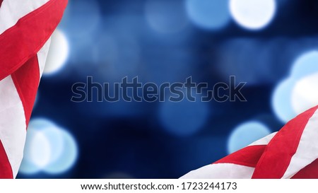 United States Flag Border Over Blue and Black Bokeh Lights Background With Copy Space For American Holidays Royalty-Free Stock Photo #1723244173