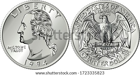 American money, Washington quarter dollar or 25-cent silver coin, first US president George Washington on obverse, Bald eagle on reverse Royalty-Free Stock Photo #1723335823