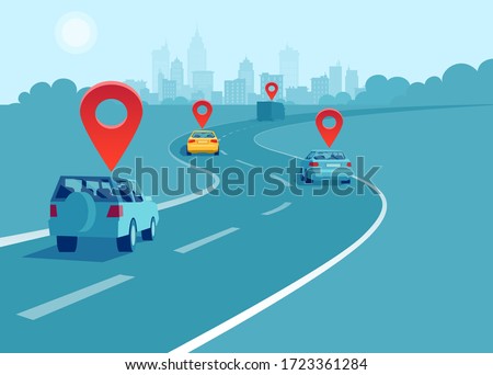 Vector of cars and trucks driving on a highway with geo location signs. Concept of navigation and direction.  Royalty-Free Stock Photo #1723361284