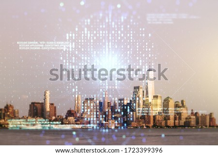 Abstract virtual code skull hologram on New York cityscape background, cybercrime and hacking concept. Multiexposure