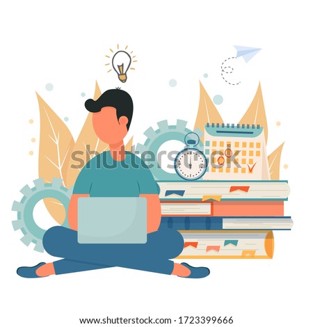 E-learning, education, personal productivity concept. Young man, student sitting with laptop near books stock vector illustration. Preparation for exams, online courses, modern lifestyle. Royalty-Free Stock Photo #1723399666