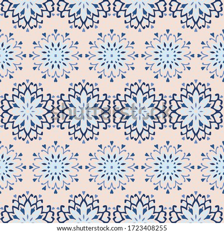 Seamless floral pattern. Stylized doodle flowers. Spanish ethnic embroidery. Folk ornament. Solar sign. Mediterranean print. Indian Oriental or Turkish textiles. Boho wallpaper. Hipster art.
