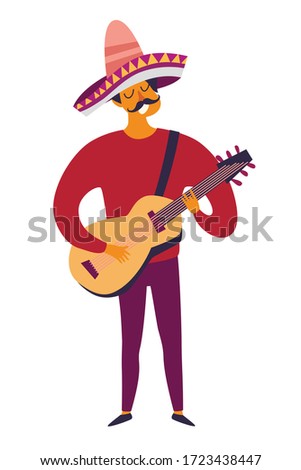 Mexican musician playing guitar vector illustration. Drawing cartoon man with mexican traditional hat sombrero. Colorful drawings mexican man isolation on white background