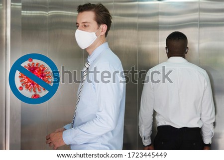 Social distancing in elevators coronavirus outbreak people stay in their zone not face each other. six mini zones, covid 19 protection with 3d rendering virus