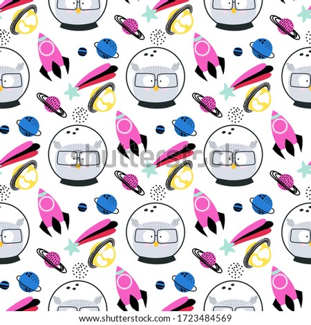 Owl and spaceships, rockets, planets, stars hand drawn seamless vector fill. Cute childish drawing. Baby wrapping paper, textile, vector illustration 