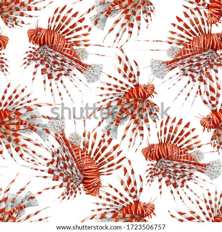 Beautiful seamless pattern with watercolor red lionfish. Stock illustration.