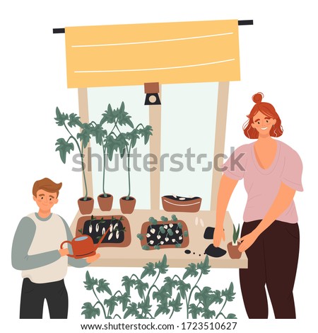 Urban gardening, planting seedlings and joint plant care with the child. Flat cartoon vector illustration. Windowsill garden.