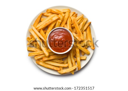 top view of french fries with ketchup on plate Royalty-Free Stock Photo #172351517