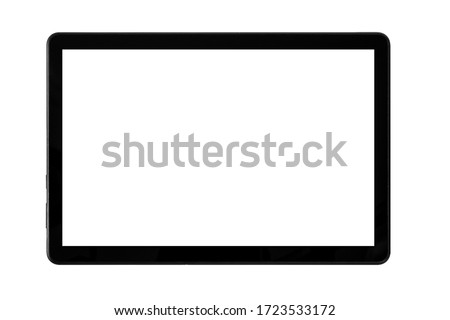 Black tablet isolated on a white background. Screen with blank with copy space for a text. Royalty-Free Stock Photo #1723533172