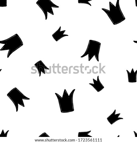 Seamless pattern with black crown silhouette on white background. Doodle vector illustration. Queen royal princess symbol. Outline design for cards, fabric, textile.