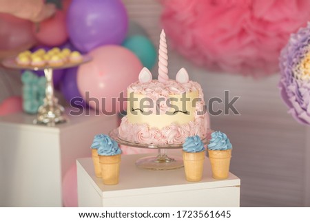 holiday decoration for children birthday with unicorns 
image selective focus 