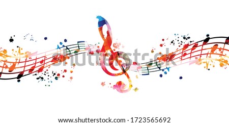 Colorful music promotional poster with G-clef and music notes isolated vector illustration. Artistic abstract background with music staff for music show, live concert events, party flyer template Royalty-Free Stock Photo #1723565692