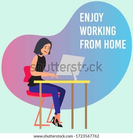 Woman wearing black tank top enjoying working from home in corona virus pandemic time. Modern and cool gradient background for social media post.
