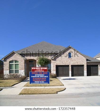 For Sale Open House Welcome Real Estate Sign Suburban Brick Ranch style home blue sky residential neighborhood USA