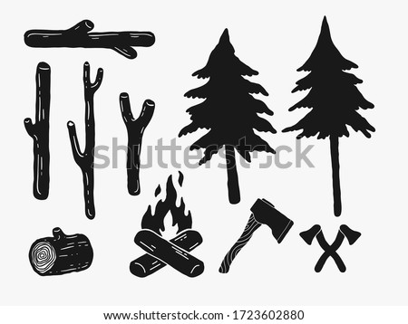 hand drawn vintage rustic woods icons. pine trees, camp fire, crossed axes simple logo silhouette lumberjack elements for retro graphic design. wild nature, camping, forest life illustrations