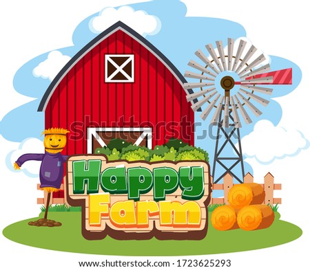 Font design for happy farm with red barn and scarecrow illustration