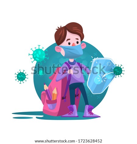 Poster of a Kid Boy Wearing Protective Mask Protecting Him from Virus from Sick and Coughing People. Poster isolated on white space . Vector illustration.