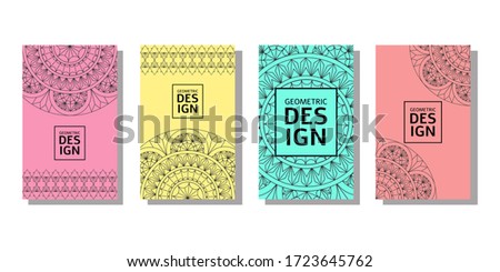Set color of geometric cover templates. Ethnic mandala ornament. Invitation and advertising banners. Vector stock illustration.