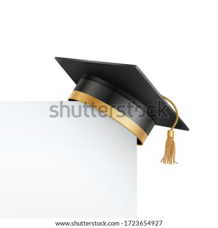 Graduate college, high school or university cap isolated on white background. Vector 3d degree ceremony hat with white paper banner. Black educational student cap and blank frame Royalty-Free Stock Photo #1723654927