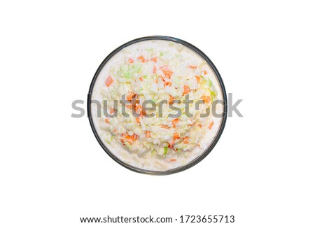 Top view of coleslaw salad in glass bowl on white background, isolated, clipping path included Royalty-Free Stock Photo #1723655713