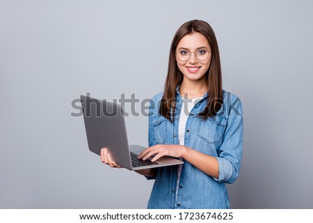 Portrait of positive cheerful clever intelligent ceo expert girl work laptop ready decide work solution wear stylish denim clothes isolated over gray color background Royalty-Free Stock Photo #1723674625