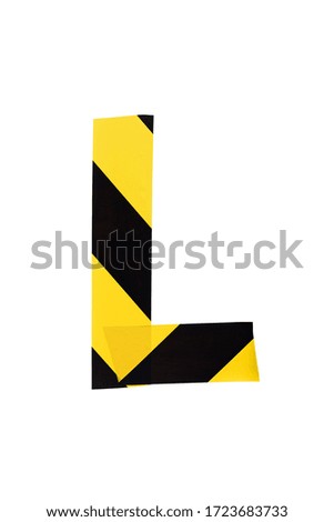 Letter L from yellow and black warning tape isolated on white background. Caution lines. Danger and risk sticky tape. Police stripe line. Industrial protection